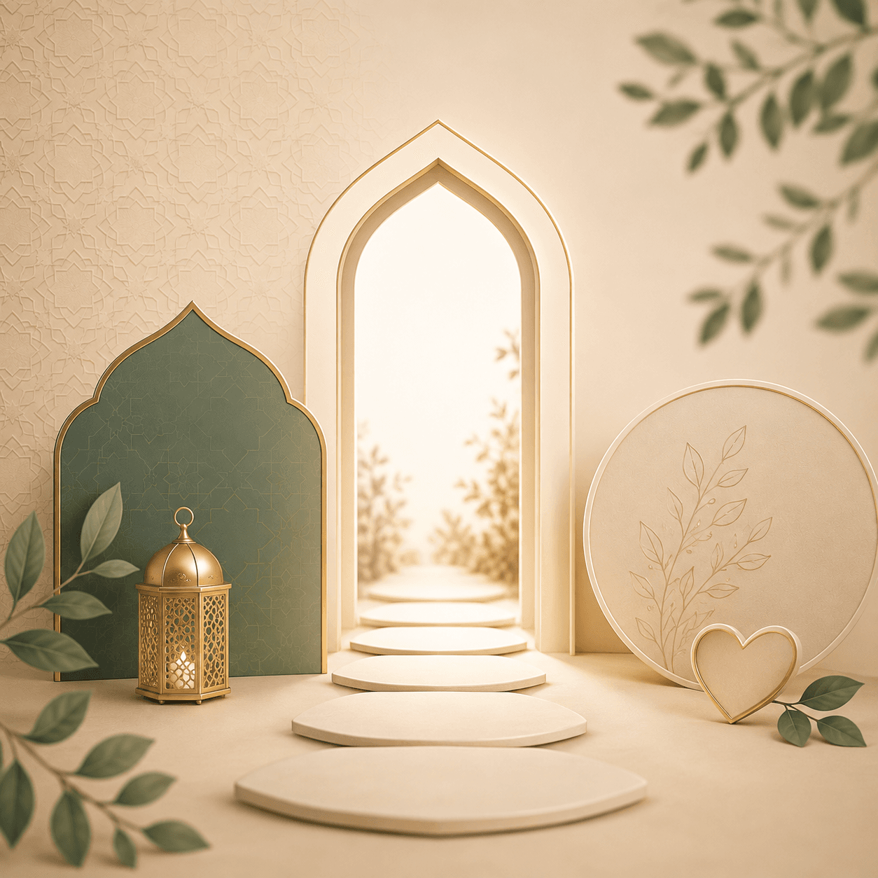 A glowing archway with a path of stepping stones, a lantern, and a heart